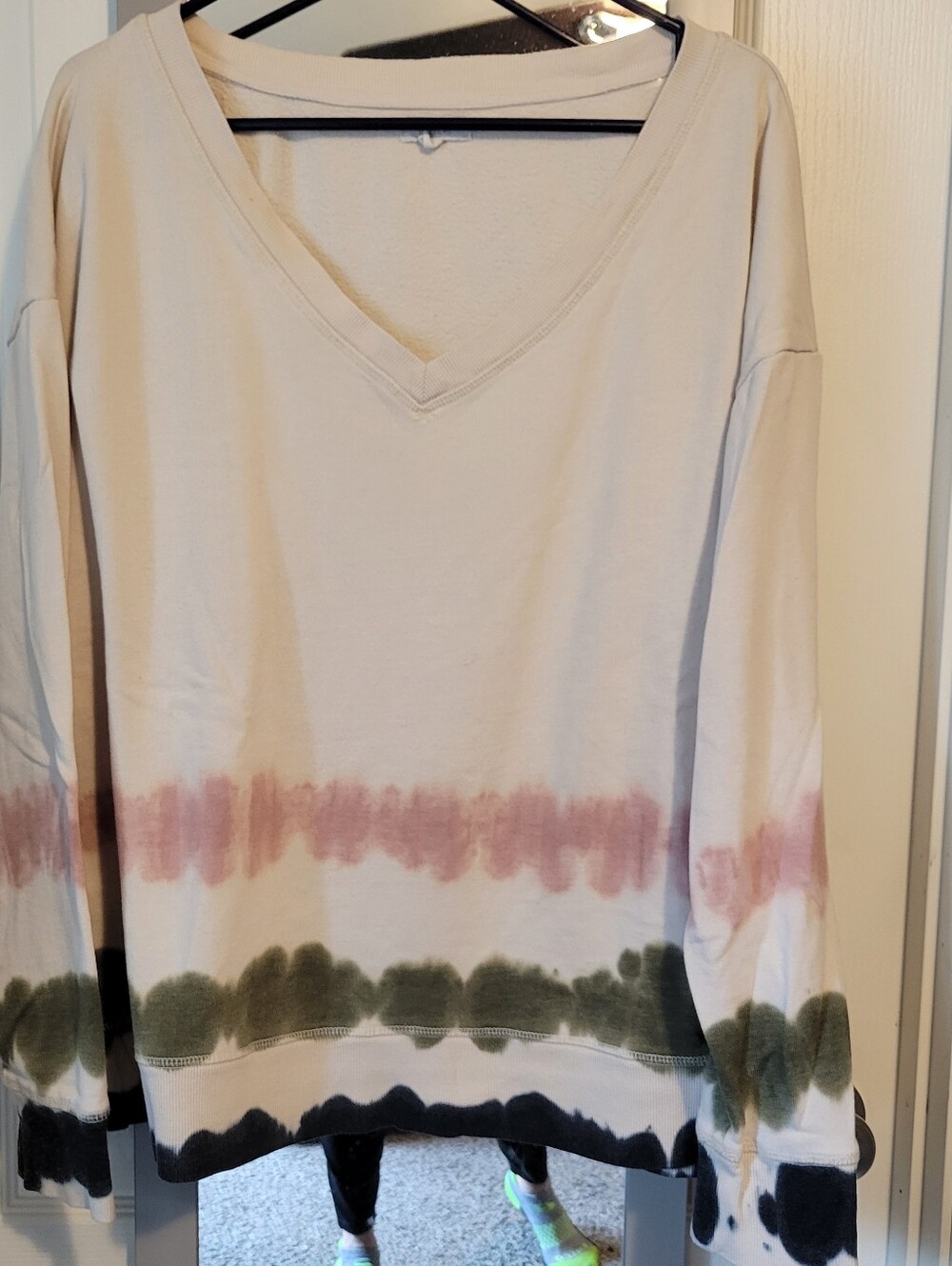 Maurices Cream V-Neck Tie-Dye Sweatshirt with Pink, Green & Black Bands